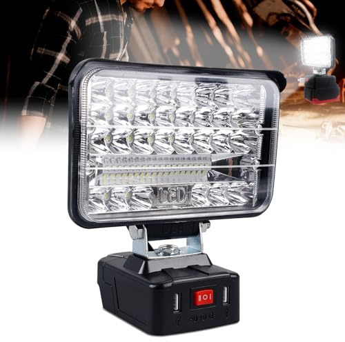 BORDEAG Lampada a batteria 18 V, lampada da lavoro 48 W, 3800 lm, torcia da cantiere, 2 ricarica USB, faretto LED portatile per illuminazione domestica