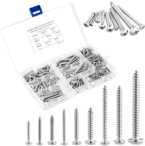 QWORK® 235 PCS Assorted Screws Kit 304 Stainless Steel - M3/M4/M5/M6 Sizes - Self Tapping Screws Round Pan Head