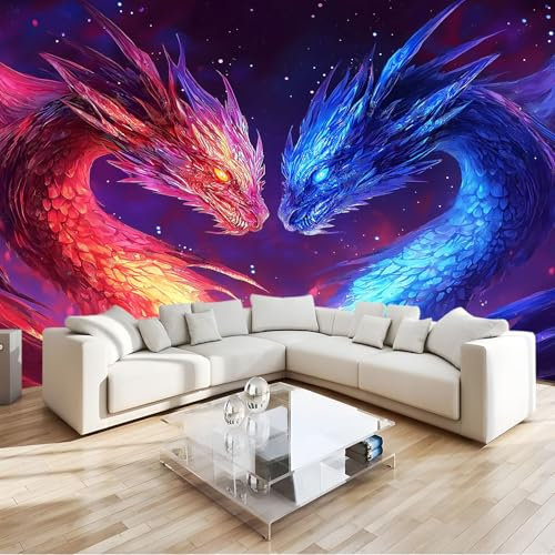 Fototapete Schlafzimmer Fantasy Anime Orientalischer Drache Fototapete 3d Effekt 250 x 175 cm Vlies Tapeten Moderne UV-Beständig Wandbild Wandtapete Wohnzimmer Junge Schlafzimmer Flur Blau Rot