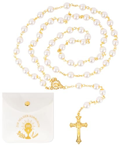 BOOMTOP Rosenkranz Halskette Katholisch Kreuz Gebetskette Damen Rosenkranz Kette Lang Taufgeschenk Mädchen Halskettchen Rosa Weiß mit Stoffbeutel für Heilige Kommunion Taufe Konfirmation Geburtstag