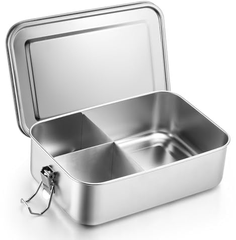 Joyfair Brotdose, Edelstahl Bento Box mit 3 Fächern, Vesperdose Lunch Box Auslaufsicher für Erwachsene & Kinder, Metall Brotzeitdose für Schule, Picknick und Unterwegs, Spülmaschinenfest - 850ml