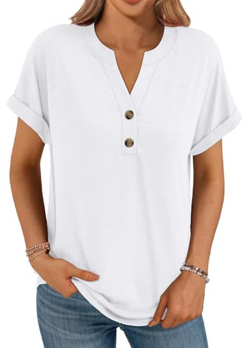 Cuptacc Womens Tops UK V Neck Button Ladies Tops Short Sleeves T Shirts Loose Fit Tunic Basic Blouses