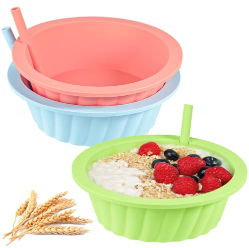 Webake Silicone Cereal Bowl with Straw, 20oz Unbreakable Bowls for Soup, Milk, Yogurt, Reusable, Microwave & Dishwasher Safe, Pack of 3