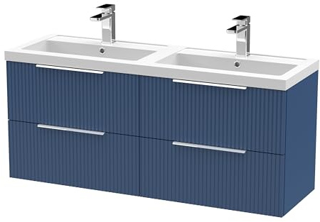 Balterley Vanity Unit with Basin Wall Hung, 4 Drawer Soft Close with 2 Rectangular Sink and Handles, Bathroom Vanity Units with Basin, Fluted Front Sink Cabinet - 1205 x 383 x 540mm (Blue)
