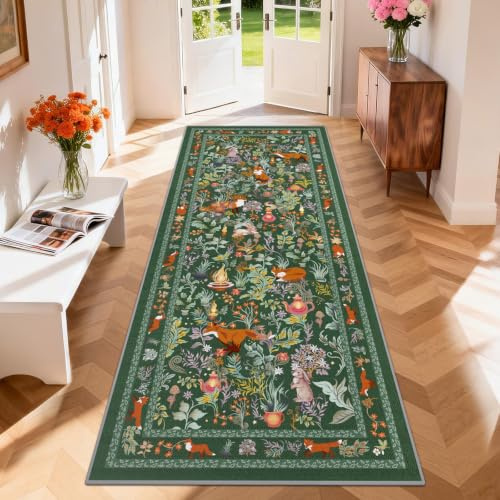 GEANUP Teppich Läufer Flur 80x200 cm, Grün Küchenläufer Waschbar rutschfest, Weicher Schlafzimmer Teppich Läufer, Märchenstil Fuchs Flurläufer für Korridor Waschküche Wohnzimmer Kinderzimmer