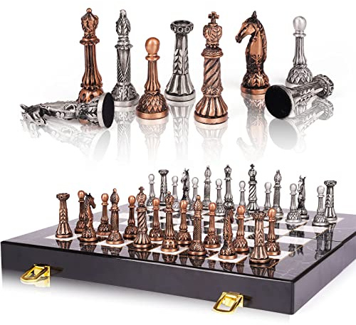Retro Metal Chess Set for Adults – 15 Inch Marbling Chess Board with Chess Pieces – Travel Chess Set with Metal Pieces – Folding Chessboard – Ideal for Beginners and Professional Players