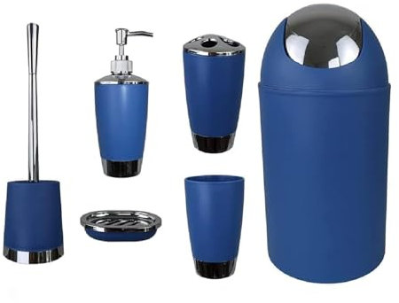 6tlg Badset Badezimmer Zubehör Set Organizer: Seifenspender, Zahnputzbecher, Kosmetikeimer, WC Bürste und Halter, Seifenschale, Mülleimer, Zahnbürstenhalter, Badgarnitur (Dunkelblau Design 1)