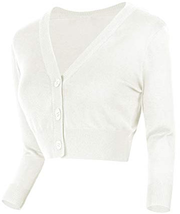 Urban GoCo Damen V-Ausschnitt Kurz-Strickweste Strickjacke (M, weiß)
