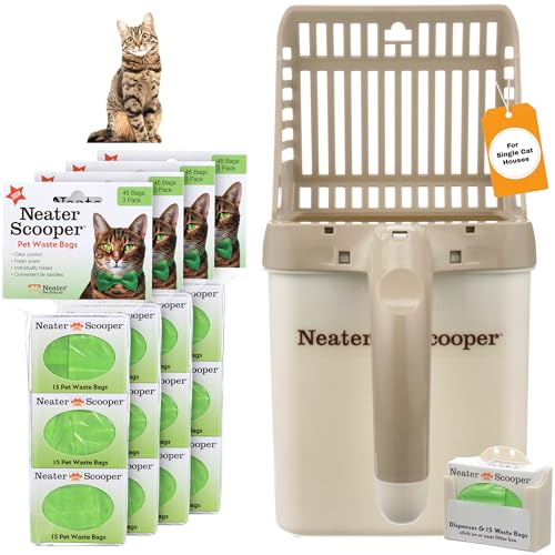 Neater Pet Brands - Neater Scooper Cat Litter Scoop and 195 Count Refill Bag Bundle - Cat Litter Sifter Poop Scoop System with Extra Waste Bags, Tan