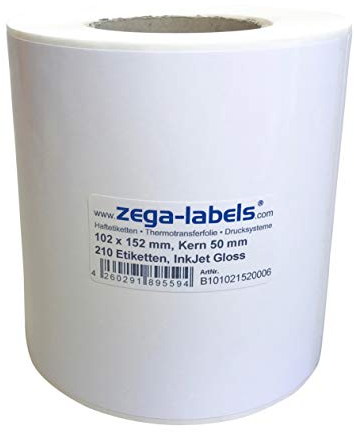 Inkjet Etiketten auf Rolle - 102 x 152 mm - 210 Stück je Rolle - Kern: 50 mm - Papier weiss glänzend - aussen gewickelt - permanent haftend - Druckverfahren: Ink Jet (Rollen Tintenstrahl Drucker)