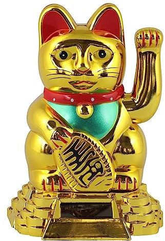 Freak Scene Glückskatze - Maneki-Neko - Winkekatze Solar - runder Sockel - 15 cm - Gold