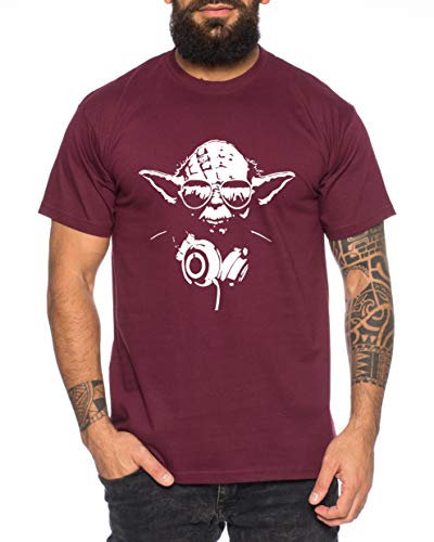 Yoda - Herren T-Shirt DJ YODA Jedi Ritter The Empire Turntables Music Rave House Trance Techno Geek, XXL, Weinrot