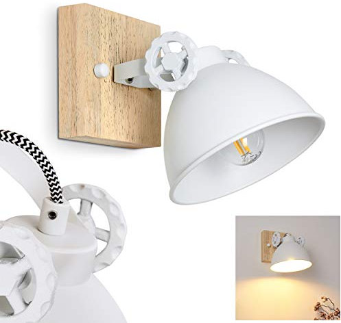 Wandleuchte Svanfolk, Wandlampe aus Metall und Holz in Weiß/Natur, 1-flammig, mit verstellbarem Strahler, 1 x E14-Fassung, Retro/Vintage Design, ohne Leuchtmittel
