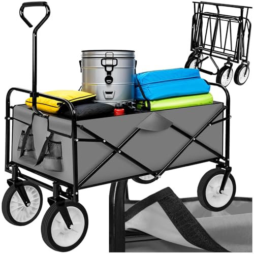 tectake® Faltbarer Bollerwagen, Bollerwagen klappbar mit Netztaschen, Transportwagen klappbar, Gartenwagen, Handwagen, Bollerwagen Strand, Bollerwagen faltbar breite Reifen drehbar - grau