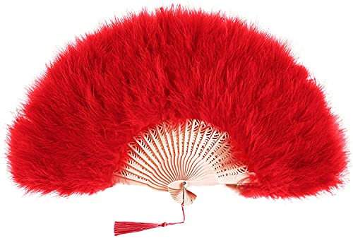 Leemiman 1920s Marabou Feather Fan Flapper Folding Handheld Wedding Party Dance Fan (Red)