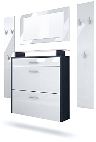 Vladon Garderobe Malea, Garderobenset bestehend aus 1 Hängeschuhschrank, 1 Wandspiegel und 2 Garderobenpaneele, Anthrazit matt/Weiß Hochglanz, inkl. LED-Beleuchtung weiß
