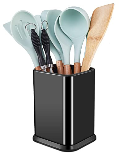 RedCall Stainless Steel Kitchen Utensil Holder for Countertop, Spoon Spatula Organizer,Modern Rectangular Large Cooking Utensil Caddy Counter,Utensil Crock (Stainless Steel Black)