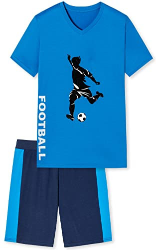 In One Clothing - Jungen Schlafanzug kurz, weicher Single-Jersey aus 100% Baumwolle, mit Motivdruck und Hose in Bermuda Form - Fussball Motiv in blau - Grösse 176