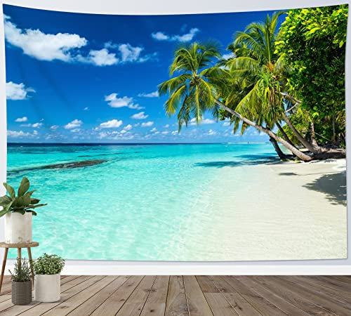 LB Tripischer Strand Wandteppich Grün Palme auf der Insel Wandtuch Türkisfarbene Meeresszene Wandbehang Sommerblauer Himmel Tapisserie für Wohnzimmer Schlafzimmer Wohnheim Wanddeko,200x150cm
