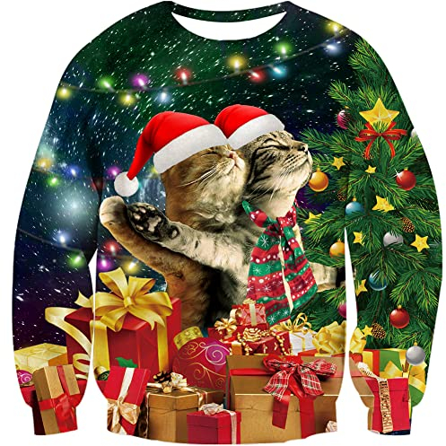 Loveternal Weihnachtspullover Lustig Hässliche 3D Druck Ugly Christmas Sweater Langarm Xmas Katze Pullover Geschenk Jumper S