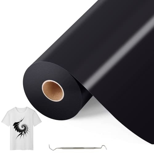 Bocguy Plotterfolie Textil Schwarz, 30.5CM x 10M Heat Transfer Vinyl Flexfolie Rollen mit Plotter Werkzeug, Plotter Vinylfolie für Eisen Heiße Presse, T-Shirts & Mehr Stoffen, DIY Muster (Schwarz)