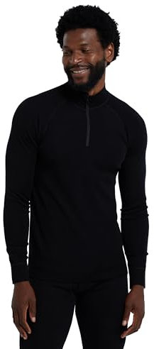 Mountain Warehouse Merino Mens Long Sleeved Thermal Baselayer Top - Lightweight, Breathable & Quick Wicking Jumper with Half Zip - for Walking & Hiking Black L