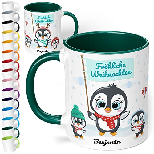 True Statements Weihnachtstasse mit Namen personalisiert „Fröhliche Weihnachten“ - mit Pinguin-Motiv - 330ml Keramik Kaffeebecher mit Spruch - Geschenk zu Weihnachten (Dunkelgrün)