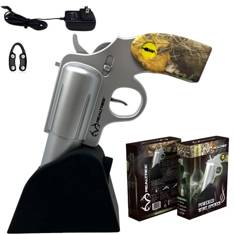 Realtree® Electric Gun Wine Bottle Opener - Open your Wine Bottle Fast with this New Corkscrew - Great Gift for Gun Enthusiasts and Wine Lovers. Foil Cutter and Charging Base Included. (Silver)
