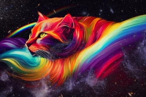 adrium Acryl-Bild 140 x 90 cm: 3D-Illustration einer abstrakten Weltraumkatze, die in Regenbogenfarben leuchtet, unendliche Turbulenzen, fluoreszierende rote (192850581)
