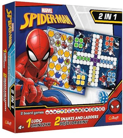 Trefl - Ludo, Leiter und Schlange - Spider-Man - 2in1 Brettspiel für die Familie mit Marvel Superheroes, Doppelseitiges Brettspiel, Einfache Regeln, Klassisches Brettspiel für Erwachsene und Kinder ab