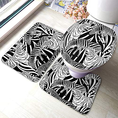 rutschfeste 3 Badteppich Set Zebra Tiger Muster, Wilde Tiere, Streifen, Tiernatur, Weiß, Schwarz Badematte 3-TLG Anti-Rutsch Dekorative Badgarnitur Badematten, Für Badewanne, Badezimmer