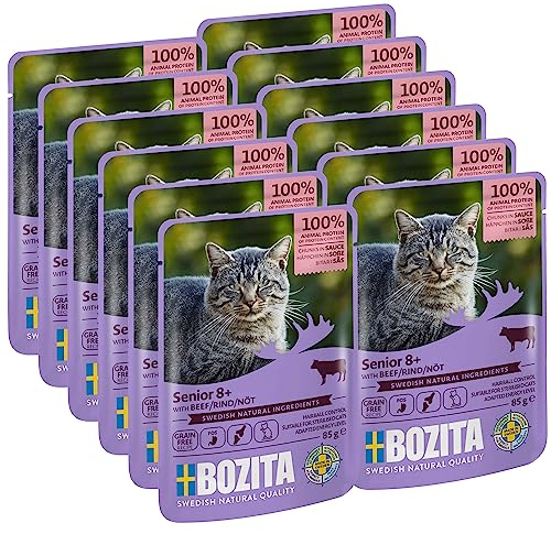 Bozita Nassfutter Senior 8+ Häppchen in Sauce mit Rind - 12x85g Portionsbeutel getreidefreies & weizenfreies Futter für Katzen - Katzen Nassfutter mit 8,5% Protein & 4,5% Fettgehalt