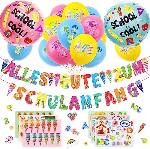 WIDEBG Schulanfang Luftballons Banner Folienballon Sticker Schüler Mädchen Jungen 1. Schultag Schulstart Party Dekorationen Rot Gelb