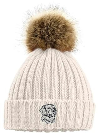 The House Of Dog: Golden Retriever Mütze mit Bommel aus Kunstfell, super weich, Unisex, bestickt, hellbeige, One size