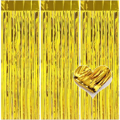 RHZXD Lametta Vorhänge Gold Glitzer, 3 Stück 1x2M Glitzer Folien Fransen Lametta Vorhang für Geburtstag Hochzeit Deko, Party Dekoration für Geburtstagsdeko Luftschlangen(Golden)