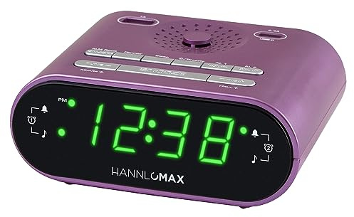 HANNLOMAX HX-158CR Radio-réveil, radio FM, écran LED de 1,5 cm, 1 port USB pour charge 1 A et 1 port USB pour charge 2,4 A de type C, fonctionnement AC uniquement (violet)