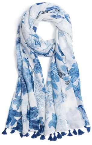 QIUTIMIY Schals für Damen Dünn Blumenmuster Bunte Schals und Tücher Halstuch mit Quasten für Frühling Sommerschal(Blume-Weiß Blau)