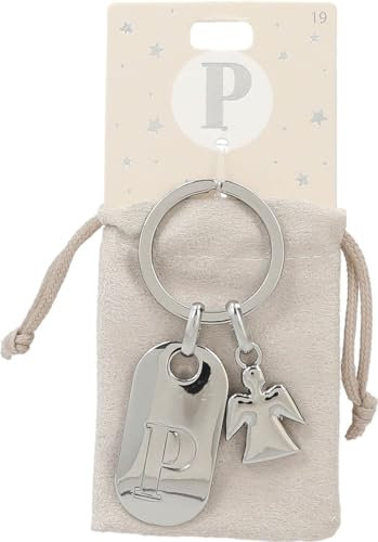 Depesche 11800-019 Porte-clés argenté avec Lettre P et Ange Gardien, Alliage de Zinc, Pochette en Velours de Couleur Incluse
