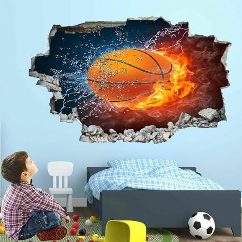 3D Wandtattoo Durchbruch Wanddeko Basketball Wanddurchbruch sticker selbstklebend Wandbild Wandsticker Abstrakte Kunst Wohnzimmer Wanddeko Wandaufkleber für Teenager Zimmer 120x80cm