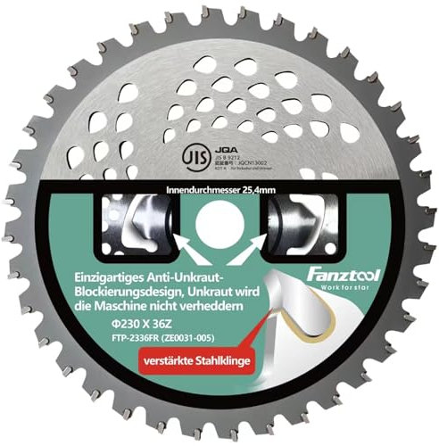 FANZTOOL Hartmetall Kreissägeblatt Freischneider Klinge 230D x 36Z mit Anti-Unkraut-Blockierung für Mäharbeiten, Ersatzmesser für Akku und Benzin Rasentrimmer & Motorsensen, 25,4mm Bohrungsdurchmesse