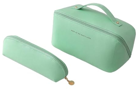 Docache 2 Stücke Kosmetiktasche aus PU-Leder Make up Tasche mit Fachern Wasserdichter Kosmetik Organizer Tasche Leder Reisekosmetiktasche für Damenkosmetik 1 Großer+1 Kleine Kulturbeutel (Mintgrün)