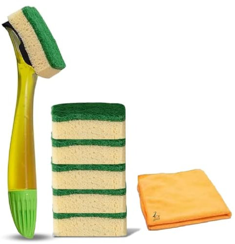 Dishmatic Bonus Pack – 1 befüllbare Spülbürste mit und 6 austauschbaren Schwammkopf-Nachfüllpackungen mit Zopper-Mikrofasertuch, DRS_001