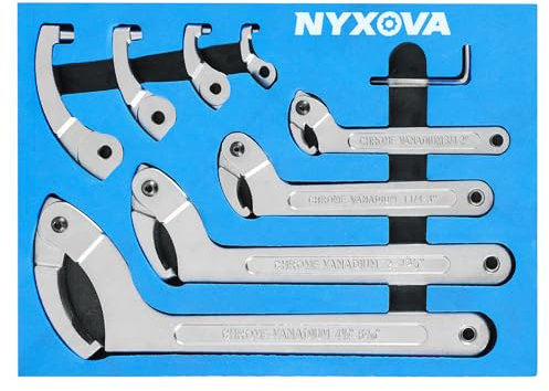 NYXOVA 9pcs Adjustable Pin Spanner Wrench Tool Set, C Pin Spanner Hook Wrench, Spanner Nut Wrench Tools with Changeable Heads for Pipes Heating Cars, Coilover Hook Wrenches, 3/4 to 6-1/10