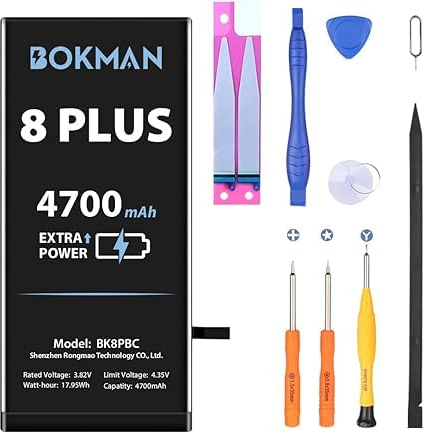bokman Batterie de pour iPhone 8 Plus, Batterie au Lithium polymère Haute capacité, 4700mAh, avec Tous Les Kits d'outils et Bandes adhésives