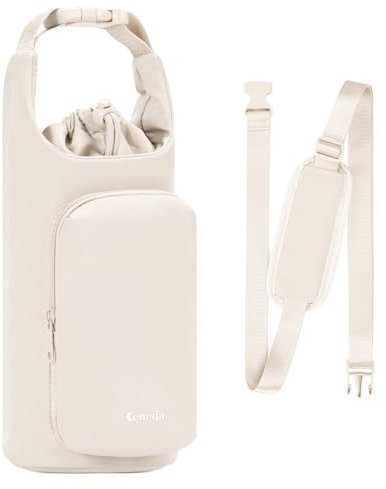 Ceneda Tragetasche für Wasserflaschen mit Handyfach, 900 ml, 1,2 l, isolierter Wasserflaschenhalter mit verstellbarem Schultergurt, Tragetasche (Beige)