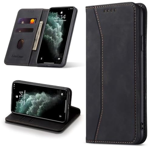 Leaisan Handyhülle für iPhone 11 Pro Max Hülle Premium Leder Flip Klappbare Stoßfeste Magnetische [Standfunktion] [Kartenfächern] Schutzhülle für iPhone 11 Pro Max Tasche - Schwarz