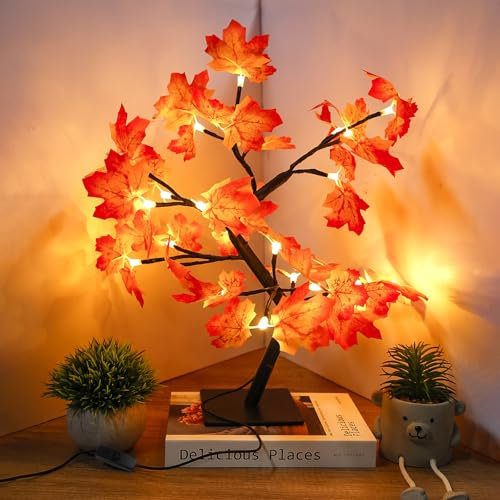 Ahornblatt Baum Lichter 24 LED, 45cm Led Baum Herbstdeko, Blätter LED Lichterbaum, Baumlicht Warmweiß, lichterkette Blätter, Lichterketten für Thanksgiving, Weihnachten, Erntedankfest, Innen Deko