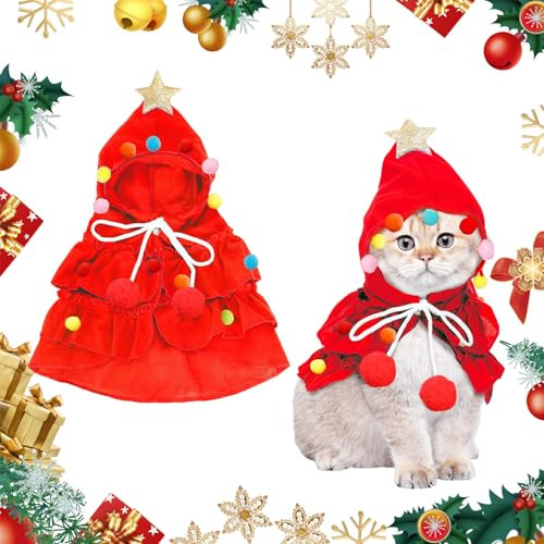 Costumes Noël pour Animaux, Cape de Chien de Chat Forme d'arbre de Noël Fête de Cosplay de Noëls et Nouvel an (Rouge)
