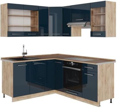 Vicco Küchenzeile Fame-Line, Dunkelblau Hochglanz/Eiche, 190 x 160 cm | 10 Module · Höhenverstellbare Füße · Arbeitsplatte Eiche · MDF-Fronten · Softclose · Metallgriffe