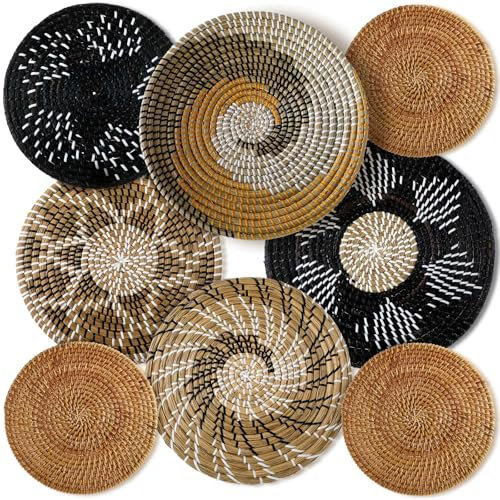 Xuhal Set mit 8 gewebten Wandkörben, handgefertigt, dekorativ, rustikal, Boho-Korb, Dekoration, handgefertigt, Weide, rund, Seegras, Wandkunst für Zuhause, Küche, Bauernhaus, Tisch, Wohnzimmer
